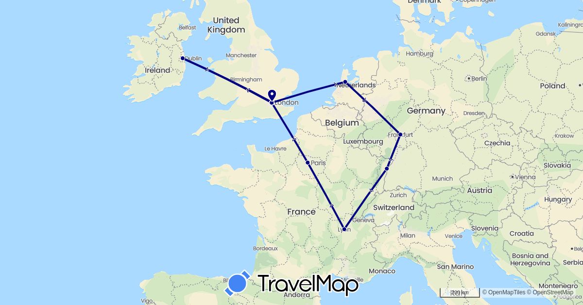 TravelMap itinerary: driving in Germany, France, United Kingdom, Ireland, Netherlands (Europe)
